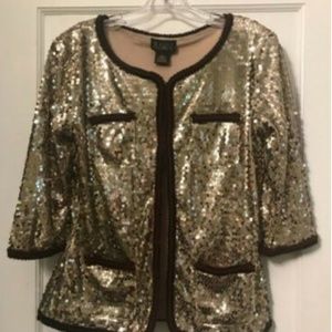 IMAN Gold Sequin Brown Trim 3/4 Sleeves Jacket S